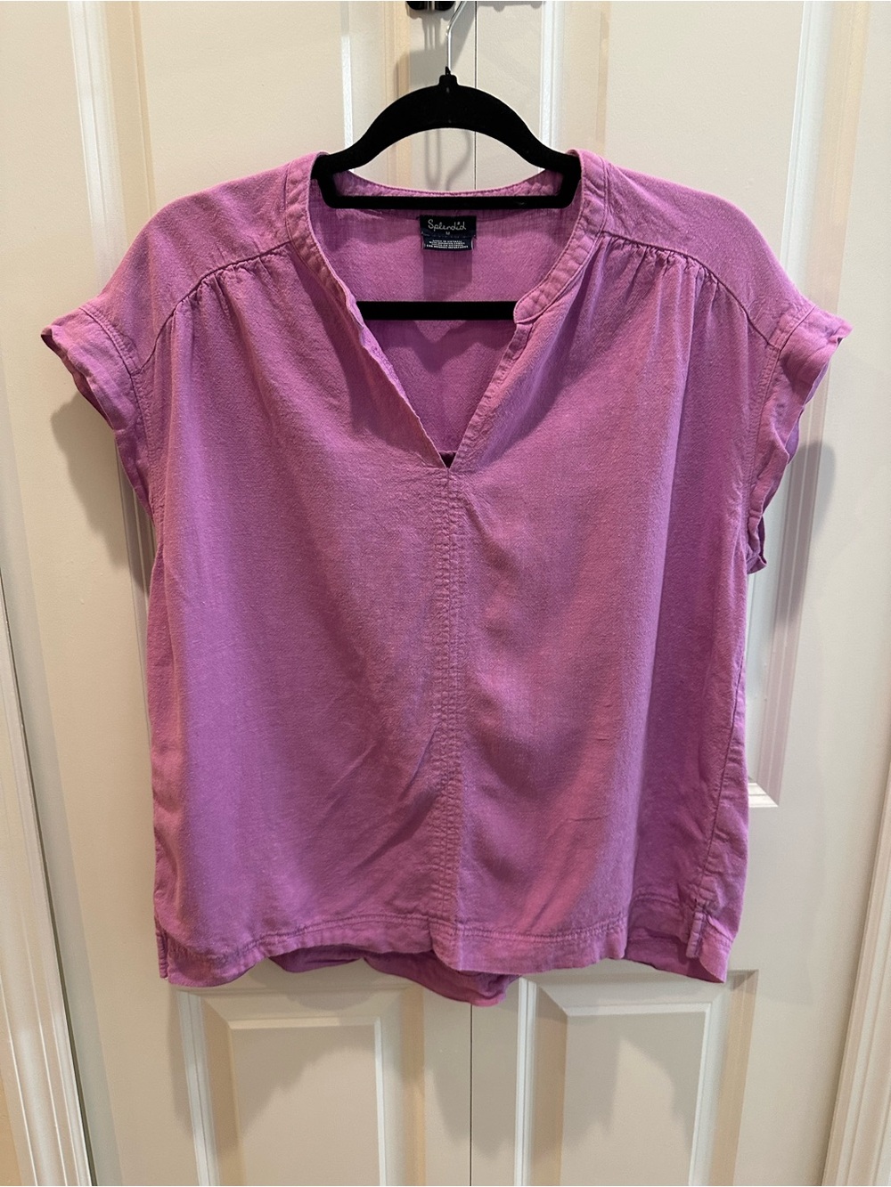 Splendid Fuscia Short Sleeve V-Neck Women's Top Linen Blend Size M